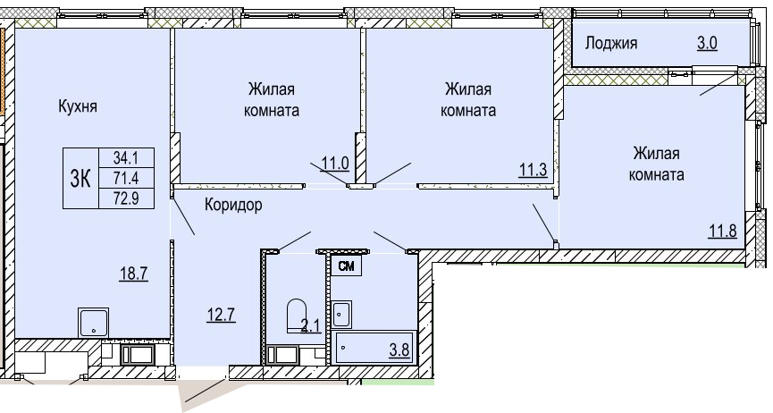 ЖК «Кузнечиха Город» · 3-комнатная квартира · 72.9 м² · 7 этаж