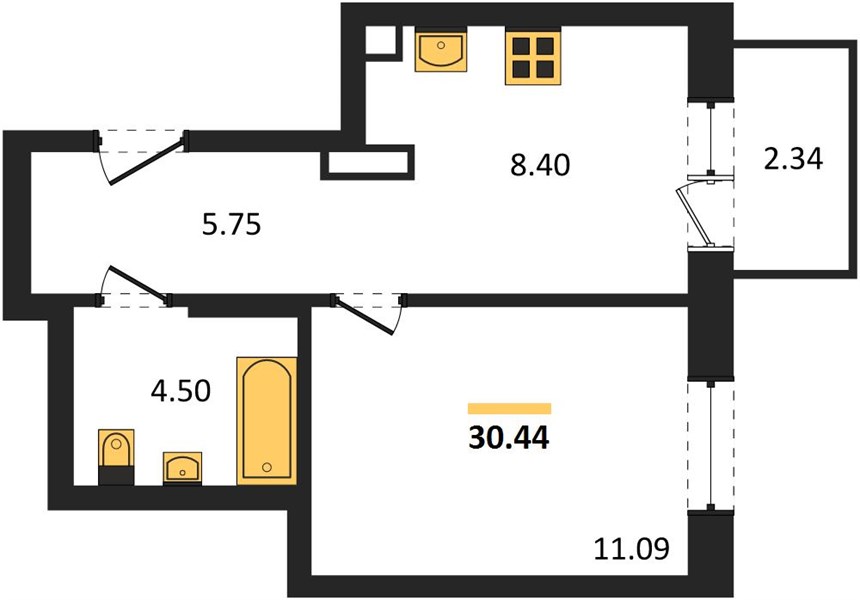 ЖК «Анкор» · 1-комнатная квартира · 30.44 м² · 16 этаж