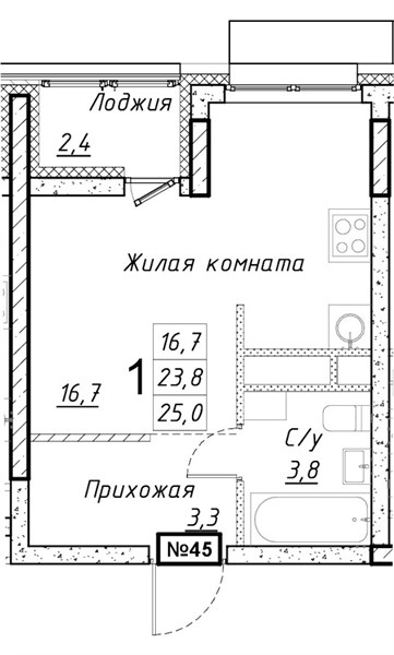 ЖК «Имбирь» · Студия · 25 м² · 9 этаж