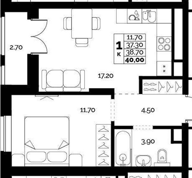 ЖК «Искра» · 1-комнатная квартира · 38.7 м² · 2 этаж