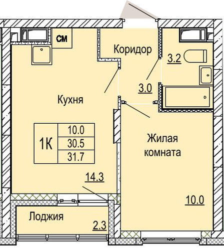 ЖК «Кузнечиха Город» · 1-комнатная квартира · 31.7 м² · 13 этаж