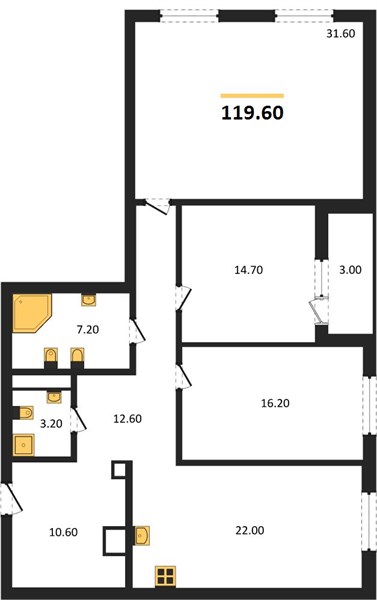 ЖК «Симфония Нижнего» · 3-комнатная квартира · 119.6 м² · 5 этаж