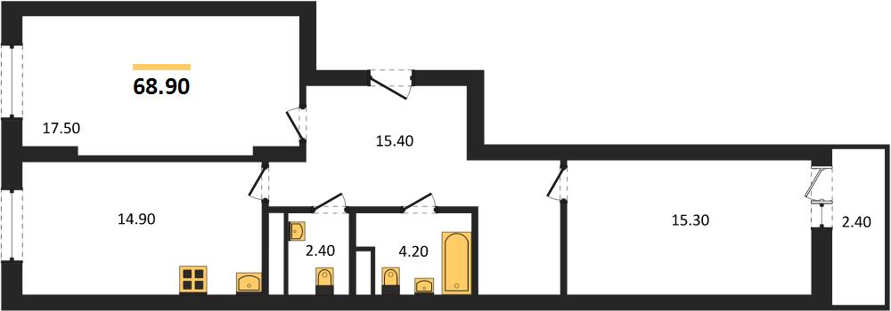 ЖК «Тетра» · 2-комнатная квартира · 68.9 м² · 16 этаж