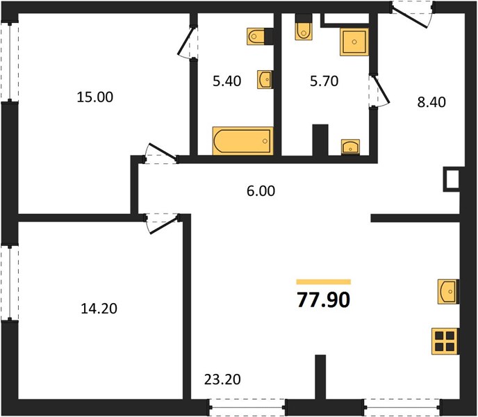 ЖК «Симфония Нижнего» · 2-комнатная квартира · 77.9 м² · 2 этаж