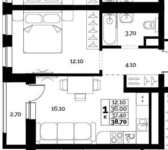 ЖК «Искра» · 1-комнатная квартира · 37.4 м² · 8 этаж