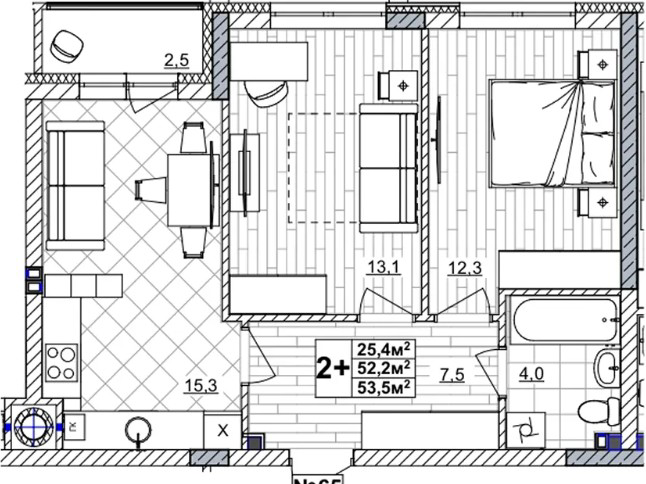 ЖК «Смородина» · 2-комнатная квартира · 53.5 м² · 1 этаж