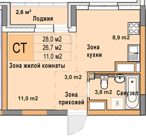 ЖК «Кузнечиха Город» · Студия · 28 м² · 15 этаж