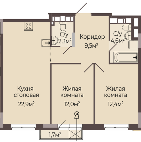 ЖК «Трио» · 2-комнатная квартира · 64.2 м² · 8 этаж