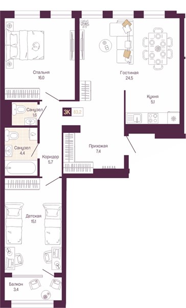 ЖК «Идель. Квартал на Сенной.» · 2-комнатная квартира · 81.9 м² · 9 этаж