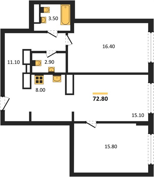 ЖК «Кипарис» · 2-комнатная квартира · 72.8 м² · 17 этаж