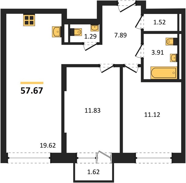 ЖК «Статус на Гребном канале» · 2-комнатная квартира · 57.67 м² · 12 этаж