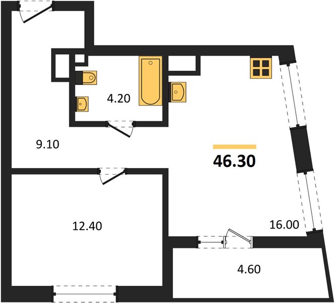 ЖК «Щелоковский» · 1-комнатная квартира · 46.3 м² · 12 этаж