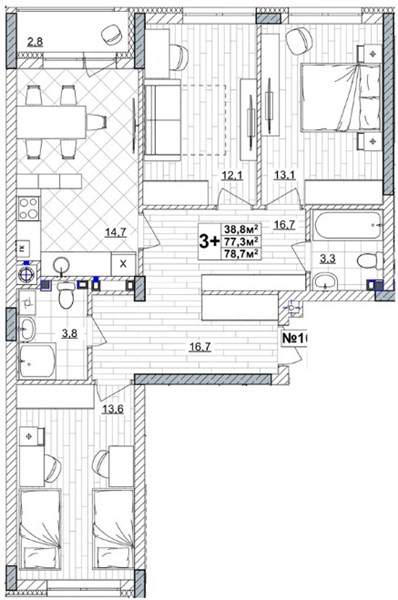 ЖК «Смородина» · 3-комнатная квартира · 78.7 м² · 1 этаж