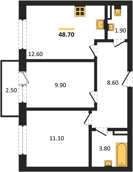 ЖК «Смородина» · 2-комнатная квартира · 48.7 м² · 3 этаж