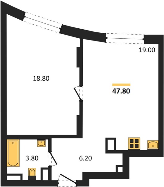ЖК «Доминант» · 1-комнатная квартира · 47.8 м² · 8 этаж