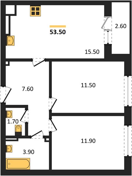ЖК «Смородина» · 2-комнатная квартира · 53.5 м² · 2 этаж