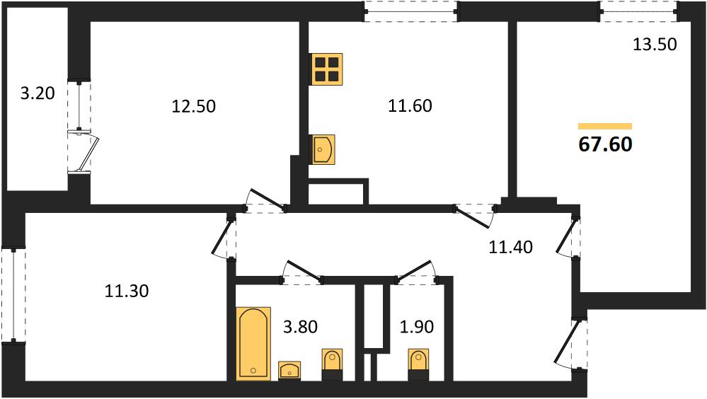 ЖК «Кузнечиха Город» · 3-комнатная квартира · 67.6 м² · 14 этаж