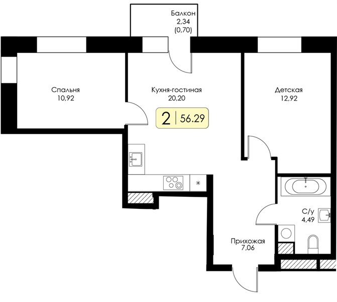 ЖК «Анкор» · 2-комнатная квартира · 56.29 м² · 13 этаж