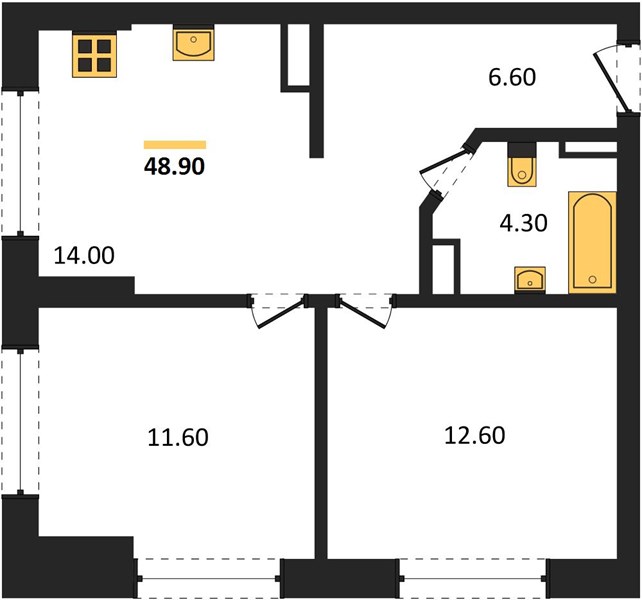 ЖК «Доминант» · 2-комнатная квартира · 48.9 м² · 15 этаж