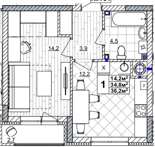 ЖК «Смородина» · 1-комнатная квартира · 36.2 м² · 1 этаж