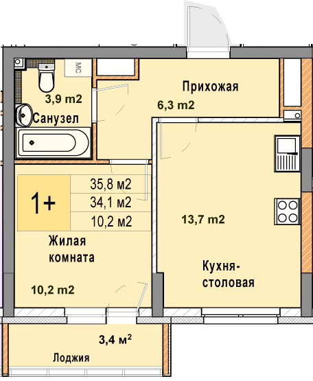 ЖК «Кузнечиха Город» · 1-комнатная квартира · 35.8 м² · 18 этаж