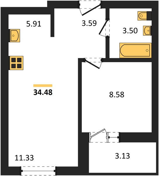 ЖК «Авторика» · 2-комнатная квартира · 34.48 м² · 6 этаж