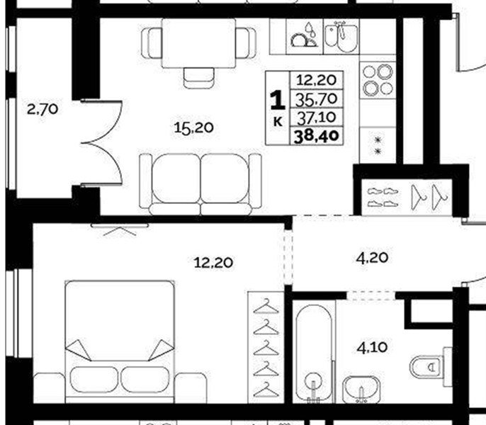 ЖК «Искра» · 1-комнатная квартира · 37.1 м² · 13 этаж