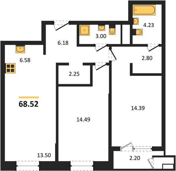 ЖК «Черниговская» · 2-комнатная квартира · 68.52 м² · 17 этаж