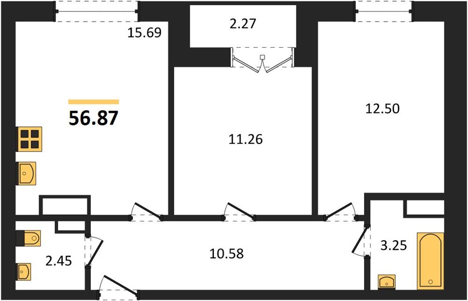 ЖК «Мед» · 2-комнатная квартира · 56.87 м² · 14 этаж