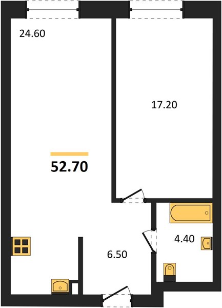 ЖК «Симфония Нижнего» · 1-комнатная квартира · 52.7 м² · 2 этаж