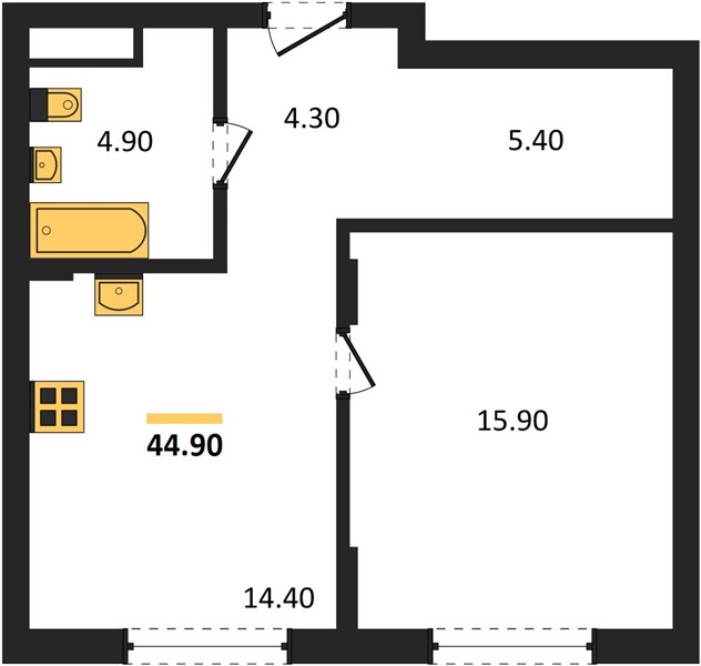 ЖК «Левел Волга» · 1-комнатная квартира · 44.9 м² · 5 этаж