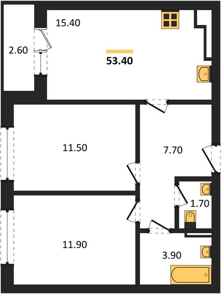 ЖК «Смородина» · 2-комнатная квартира · 53.4 м² · 3 этаж
