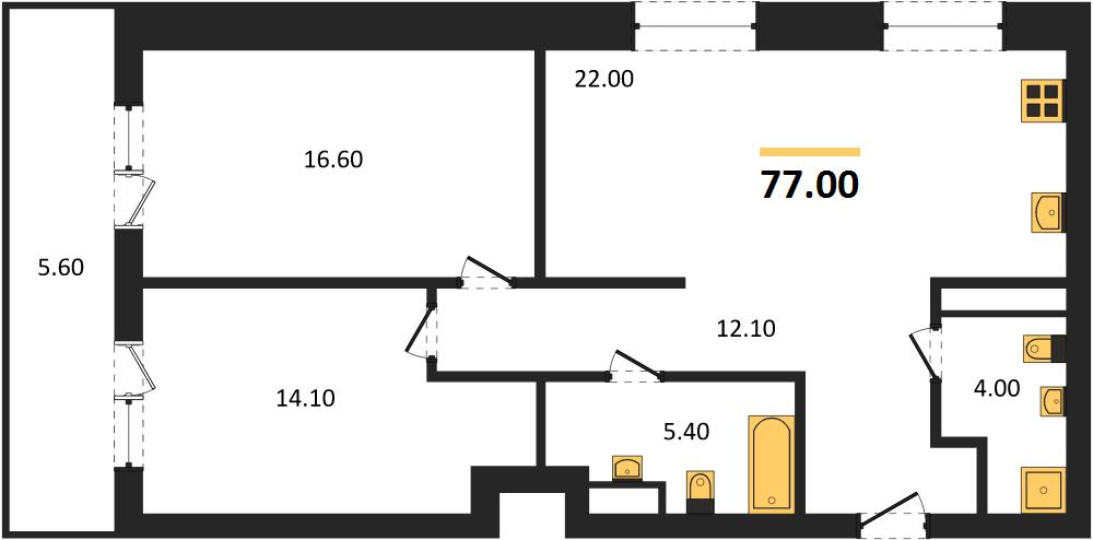 ЖК «Симфония Нижнего» · 2-комнатная квартира · 77 м² · 4 этаж