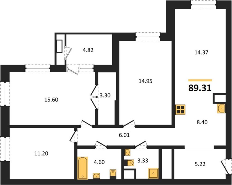 ЖК «Черниговская» · 3-комнатная квартира · 89.31 м² · 15 этаж