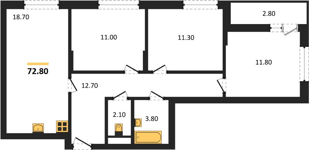 ЖК «Кузнечиха Город» · 3-комнатная квартира · 72.8 м² · 8 этаж