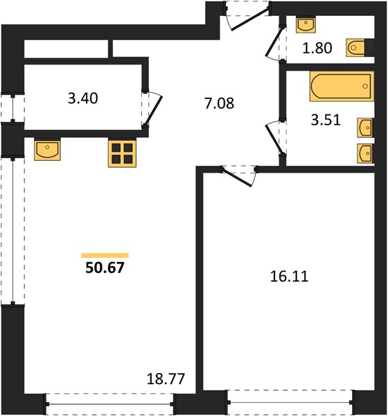 ЖК «ВЕРЕН ПЛЭЙС ОДЕССКАЯ» · 1-комнатная квартира · 50.67 м² · 4 этаж