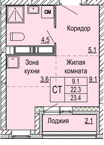 ЖК «Кузнечиха Город» · Студия · 23.4 м² · 22 этаж