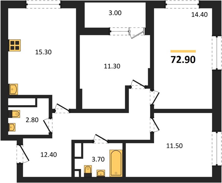 ЖК «Мои цветы» · 3-комнатная квартира · 72.9 м² · 16 этаж