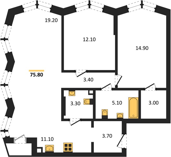 ЖК «Фордевинд» · 3-комнатная квартира · 75.8 м² · 7 этаж