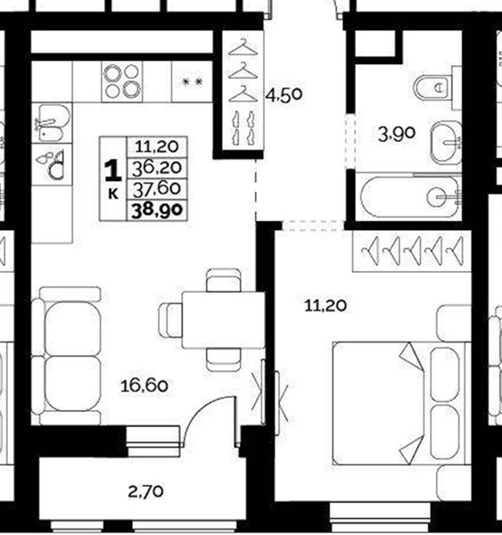 ЖК «Искра» · 1-комнатная квартира · 37.6 м² · 12 этаж