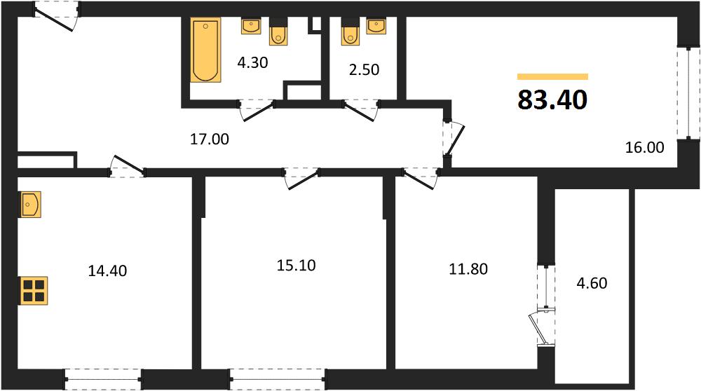 ЖК «Мои цветы» · 3-комнатная квартира · 83.4 м² · 14 этаж