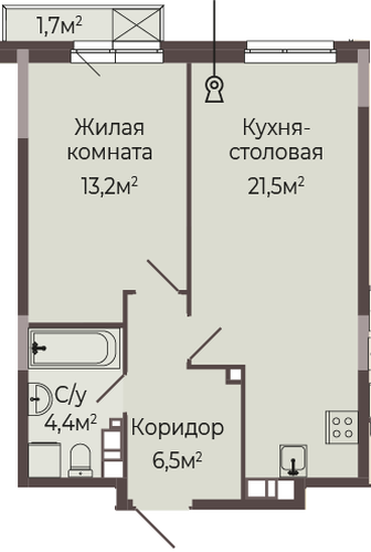 ЖК «Трио» · 1-комнатная квартира · 46.3 м² · 6 этаж