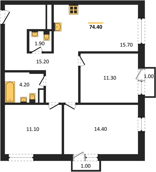 ЖК «Трио» · 3-комнатная квартира · 74.4 м² · 4 этаж