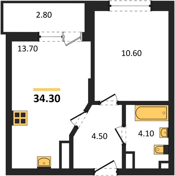 ЖК «Мои цветы» · 1-комнатная квартира · 34.3 м² · 9 этаж