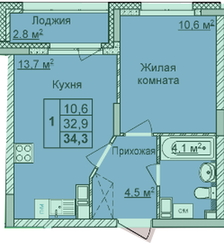 ЖК «Мои цветы» · 1-комнатная квартира · 34.3 м² · 10 этаж