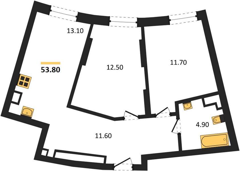 ЖК «Доминант» · 2-комнатная квартира · 53.8 м² · 16 этаж
