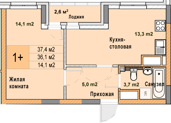 ЖК «Кузнечиха Город» · 1-комнатная квартира · 37.4 м² · 24 этаж