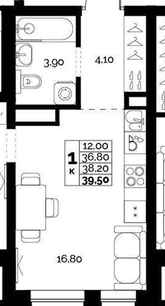 ЖК «Искра» · 1-комнатная квартира · 38.2 м² · 7 этаж