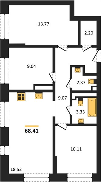 ЖК «Новая-Львовская» · 3-комнатная квартира · 68.41 м² · 3 этаж