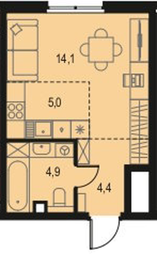 ЖК «Левел Волга» · Студия · 28.4 м² · 2 этаж
